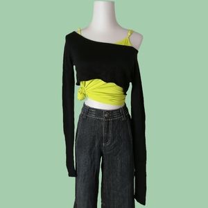 black knitted sweater cropped top two-piece set